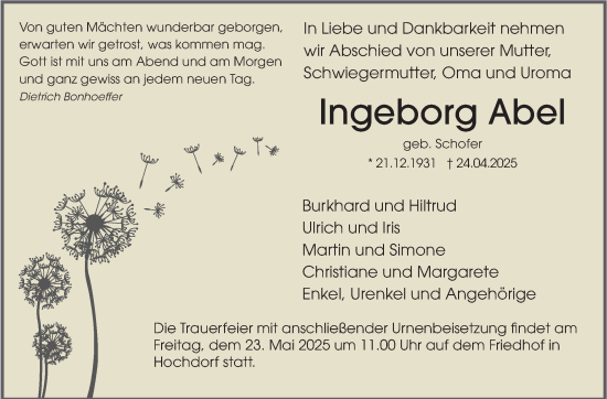 Traueranzeige von Ingeborg Abel von Eßlinger Zeitung