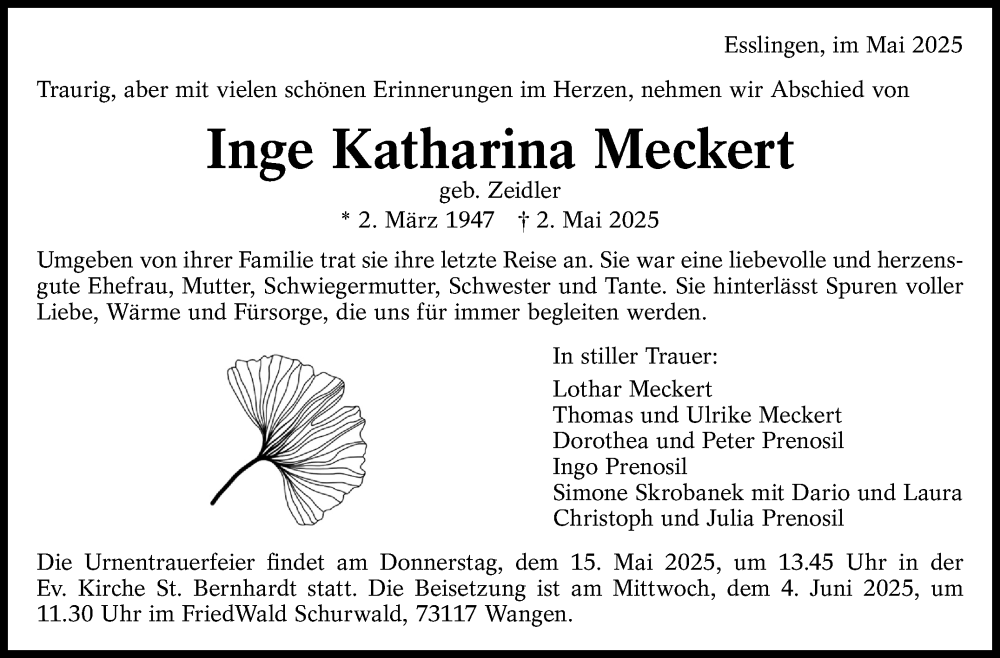 Traueranzeige für Inge Katharina Meckert vom 09.05.2025 aus Eßlinger Zeitung