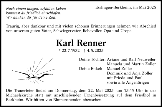 Traueranzeige von Karl Renner von Eßlinger Zeitung