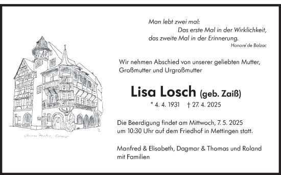 Traueranzeige von Lisa Losch von Eßlinger Zeitung