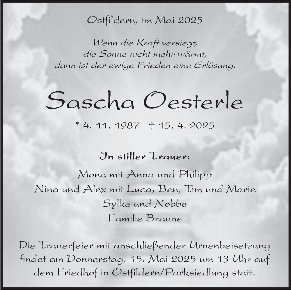  Traueranzeige für Sascha Oesterle vom 08.05.2025 aus Eßlinger Zeitung