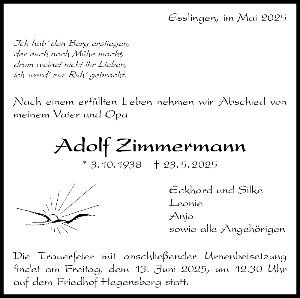  Traueranzeige für Adolf Zimmermann vom 31.05.2025 aus Eßlinger Zeitung