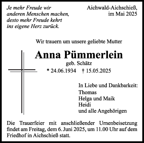 Traueranzeige von Anna Pümmerlein von Eßlinger Zeitung