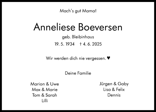 Traueranzeige von Anneliese Boeversen von Eßlinger Zeitung