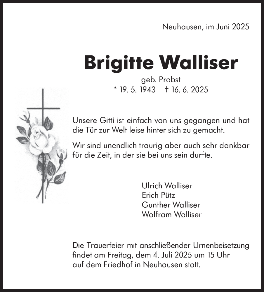  Traueranzeige für Brigitte Walliser vom 28.06.2025 aus Eßlinger Zeitung