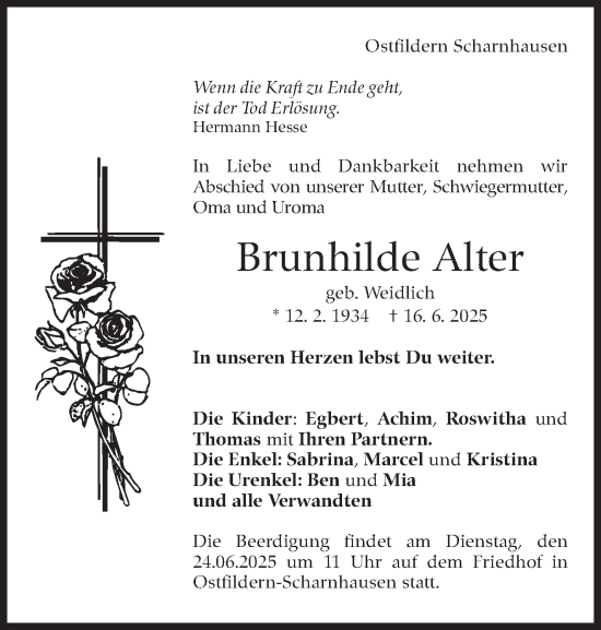 Traueranzeige von Brunhilde Alter von Eßlinger Zeitung