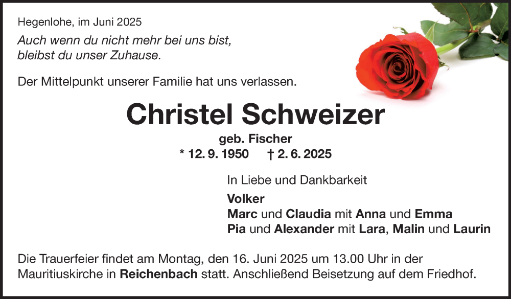  Traueranzeige für Christel Schweizer vom 07.06.2025 aus Eßlinger Zeitung