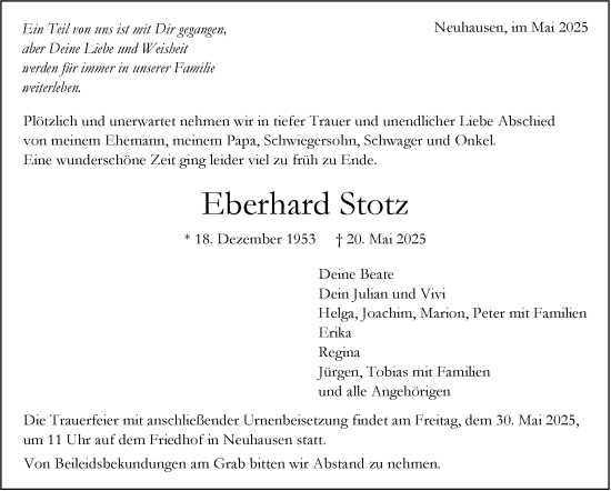 Traueranzeige von Eberhard Stotz von Eßlinger Zeitung