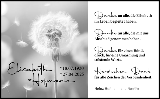 Traueranzeige von Elisabeth Hofmann von Eßlinger Zeitung