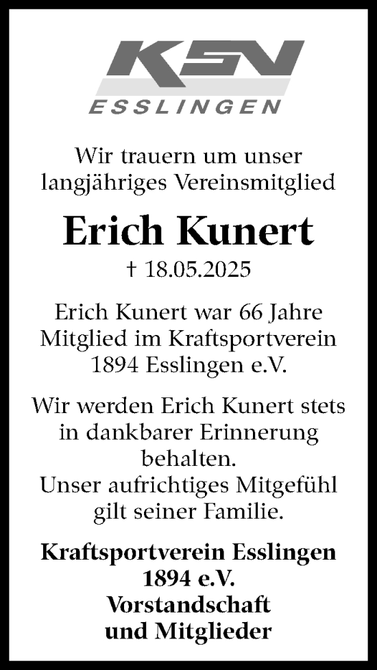 Traueranzeige von Erich Kunert von Eßlinger Zeitung