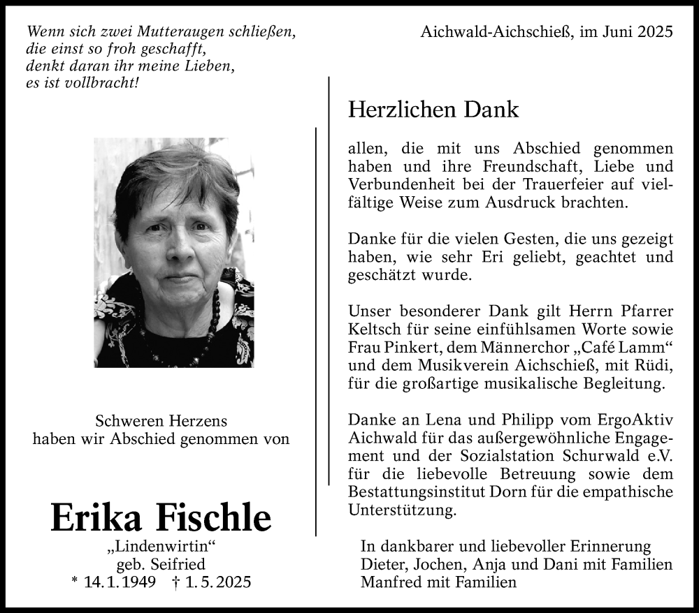  Traueranzeige für Erika Fischle vom 04.06.2025 aus Eßlinger Zeitung