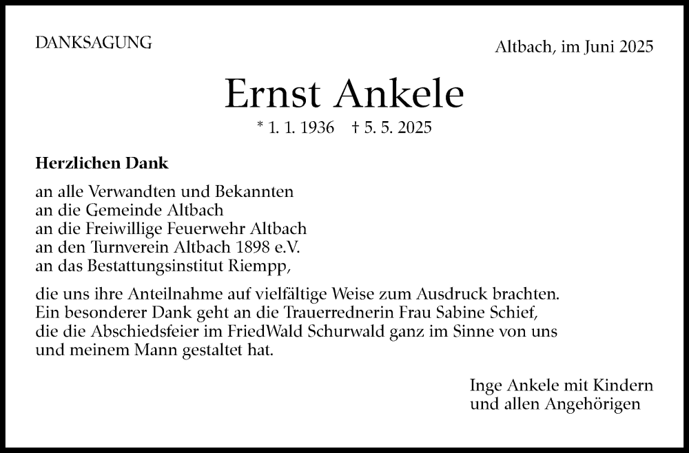  Traueranzeige für Ernst Ankele vom 28.06.2025 aus Eßlinger Zeitung