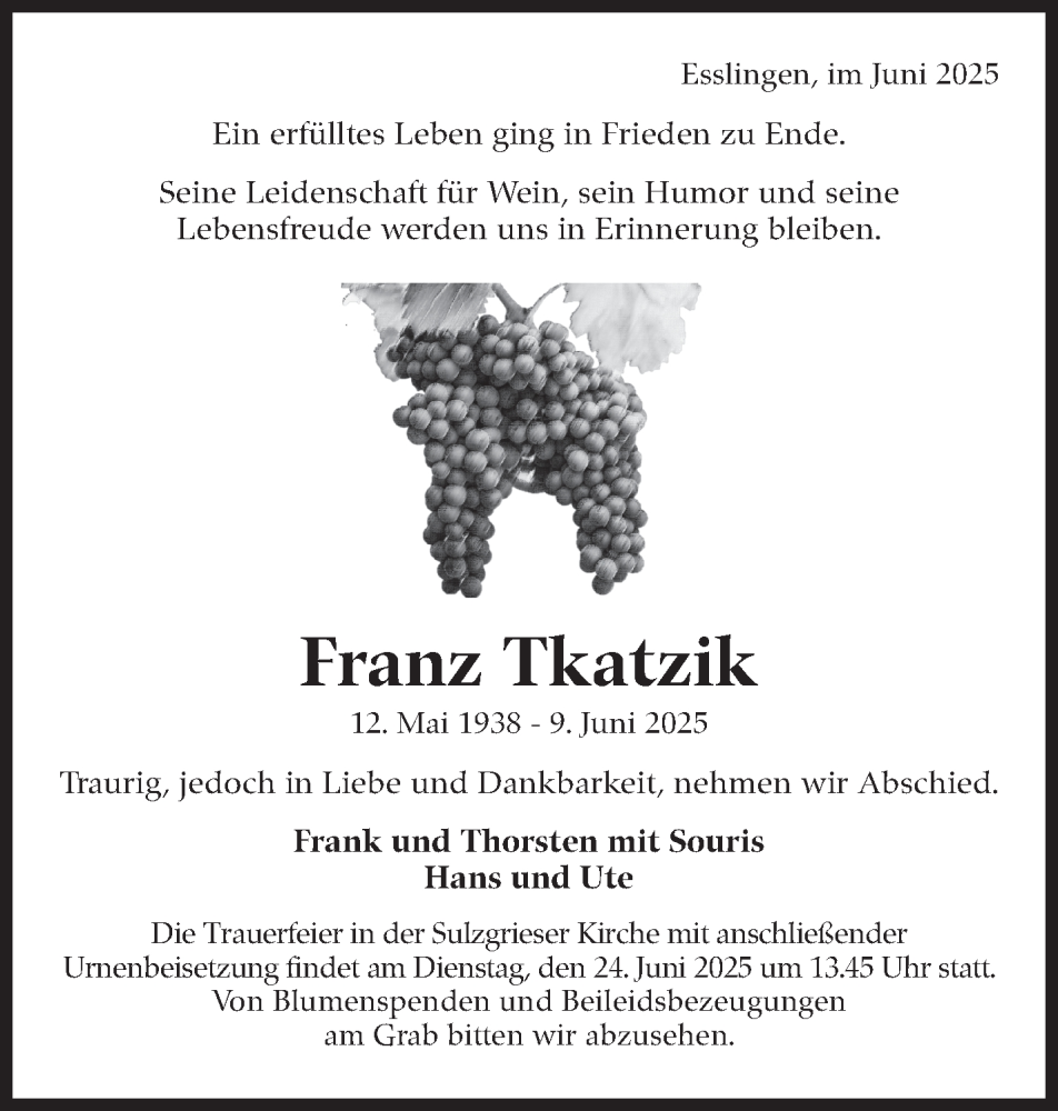  Traueranzeige für Franz Tkatzik vom 21.06.2025 aus Eßlinger Zeitung
