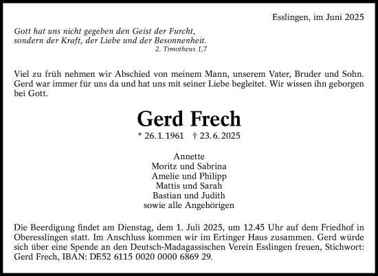 Traueranzeige von Gerd Frech von Eßlinger Zeitung