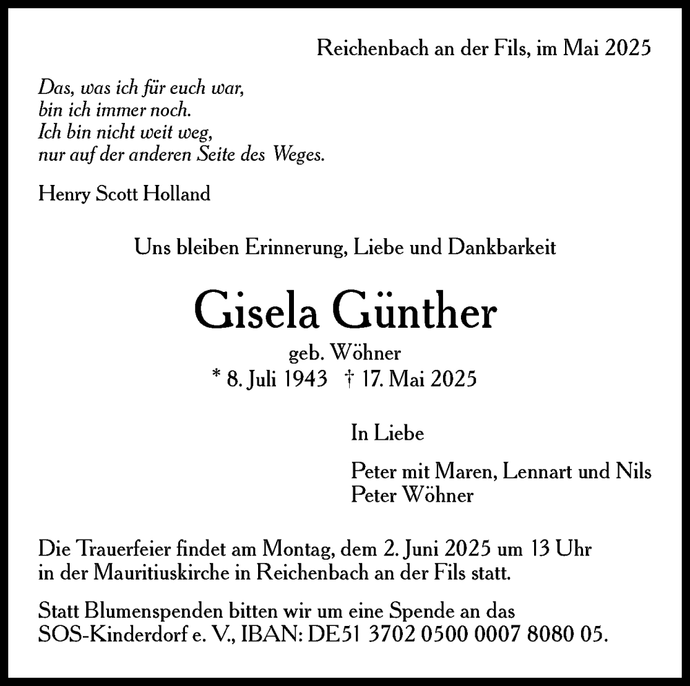  Traueranzeige für Gisela Günther vom 24.05.2025 aus Eßlinger Zeitung