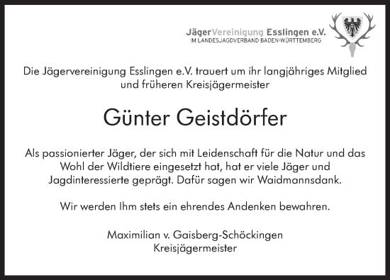 Traueranzeige von Günter Geistdörfer von Eßlinger Zeitung