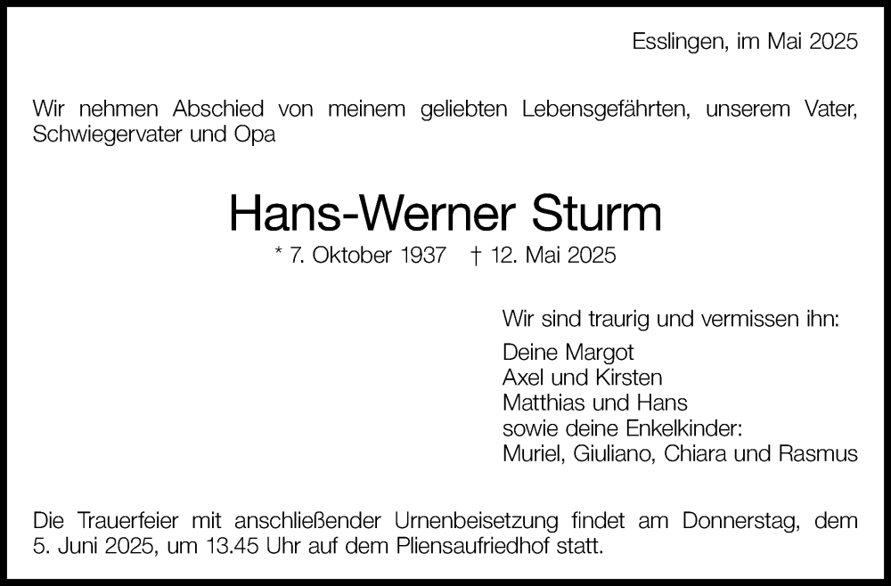  Traueranzeige für Hans-Werner Sturm vom 30.05.2025 aus Eßlinger Zeitung