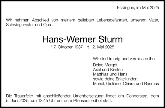Traueranzeige von Hans-Werner Sturm von Eßlinger Zeitung