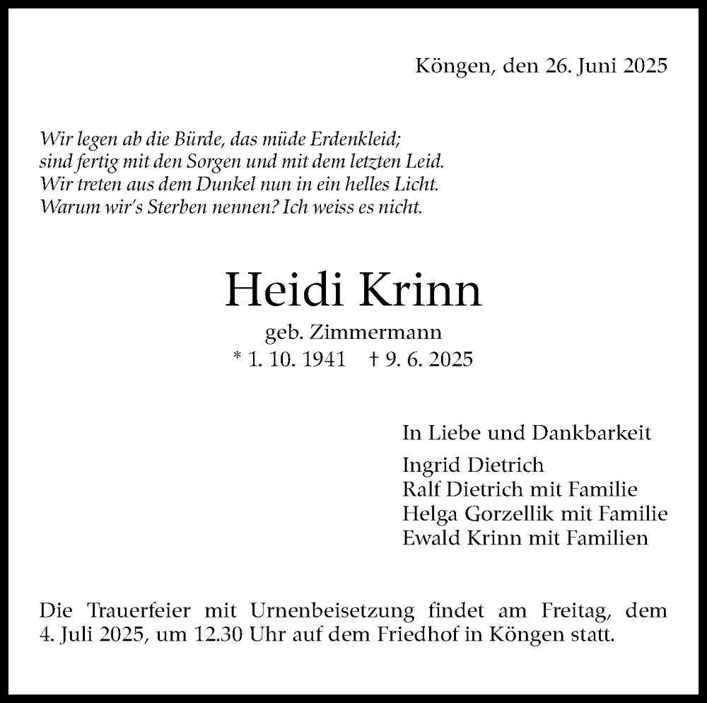  Traueranzeige für Heidi Krinn vom 26.06.2025 aus Eßlinger Zeitung