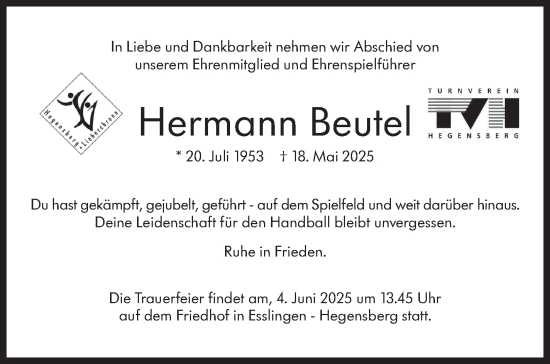Traueranzeige von Hermann Beutel von Eßlinger Zeitung