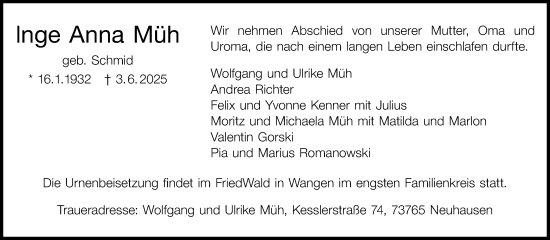 Traueranzeige von Inge Anna Müh von Eßlinger Zeitung