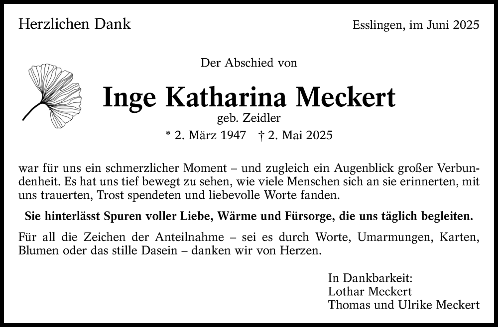  Traueranzeige für Inge Katharina Meckert vom 07.06.2025 aus Eßlinger Zeitung