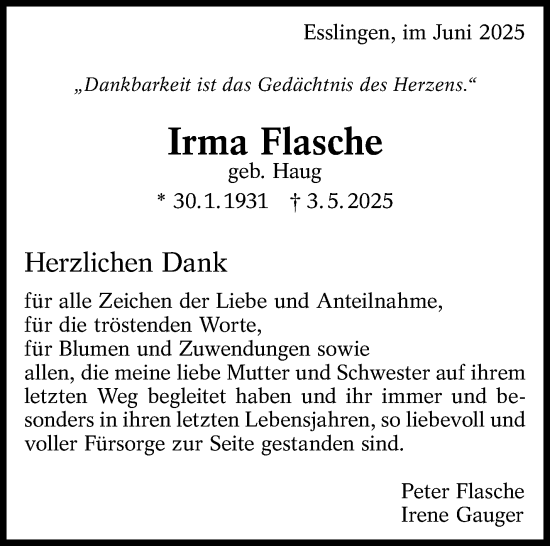 Traueranzeige von Irma Flasche von Eßlinger Zeitung