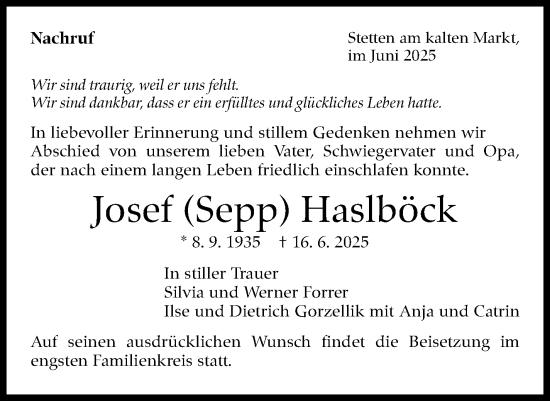 Traueranzeige von Josef Haslböck von Eßlinger Zeitung