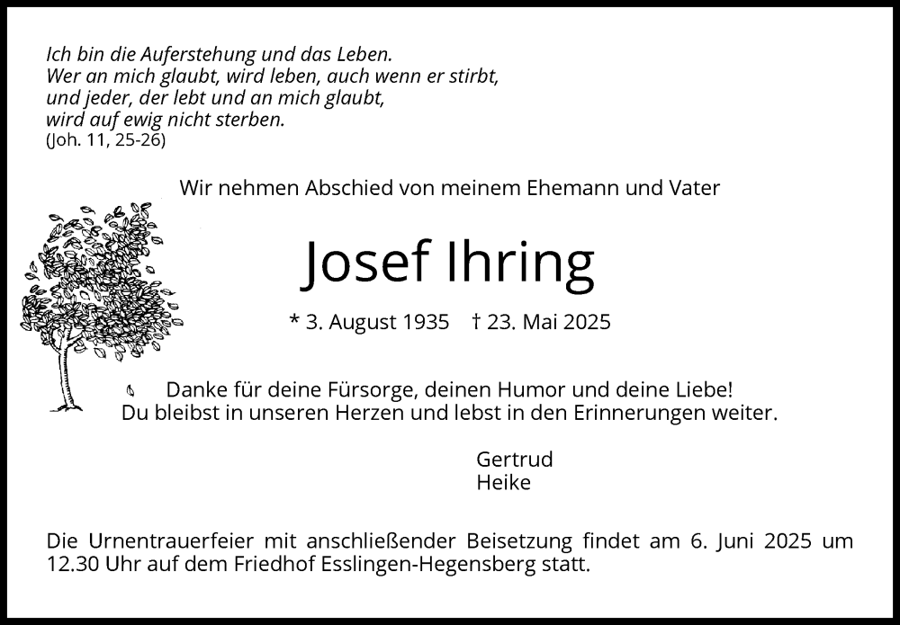  Traueranzeige für Josef Ihring vom 31.05.2025 aus Eßlinger Zeitung