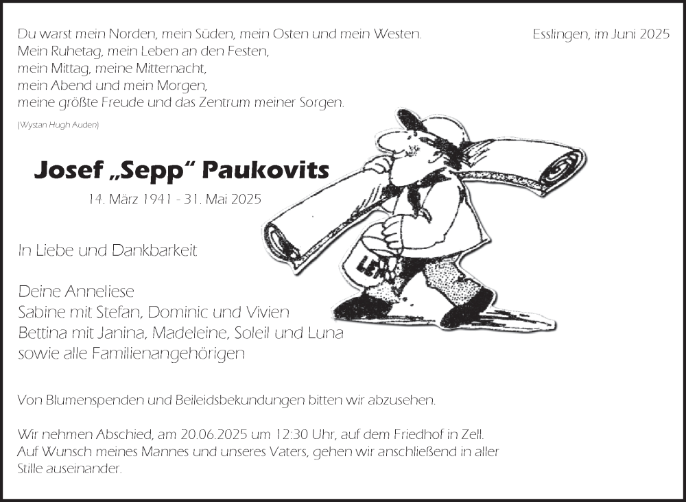  Traueranzeige für Josef Paukovits vom 14.06.2025 aus Eßlinger Zeitung