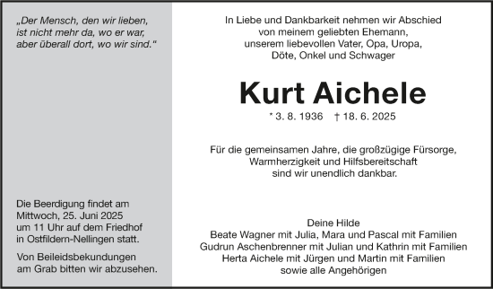 Traueranzeige von Kurt Aichele von Eßlinger Zeitung