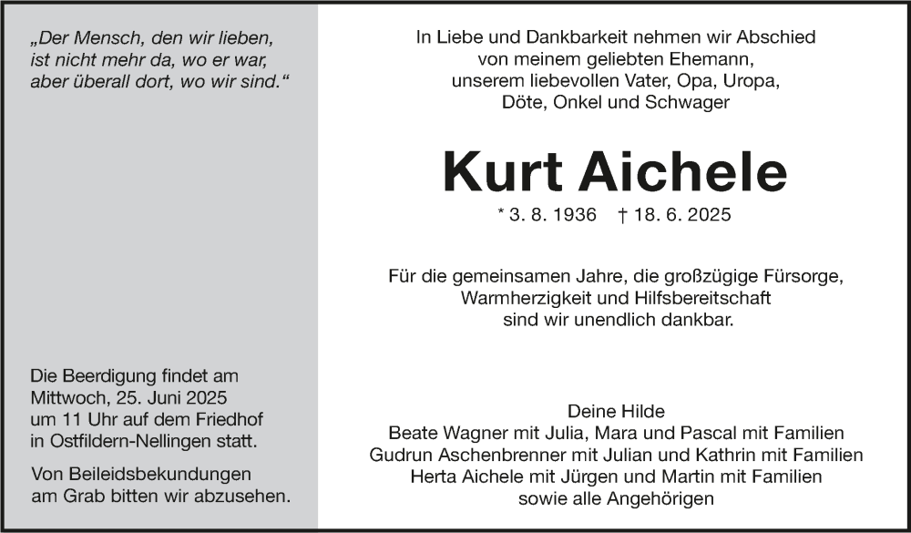  Traueranzeige für Kurt Aichele vom 23.06.2025 aus Eßlinger Zeitung