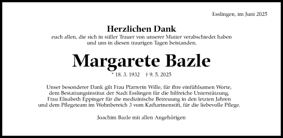 Traueranzeige von Margarete Bazle von Eßlinger Zeitung