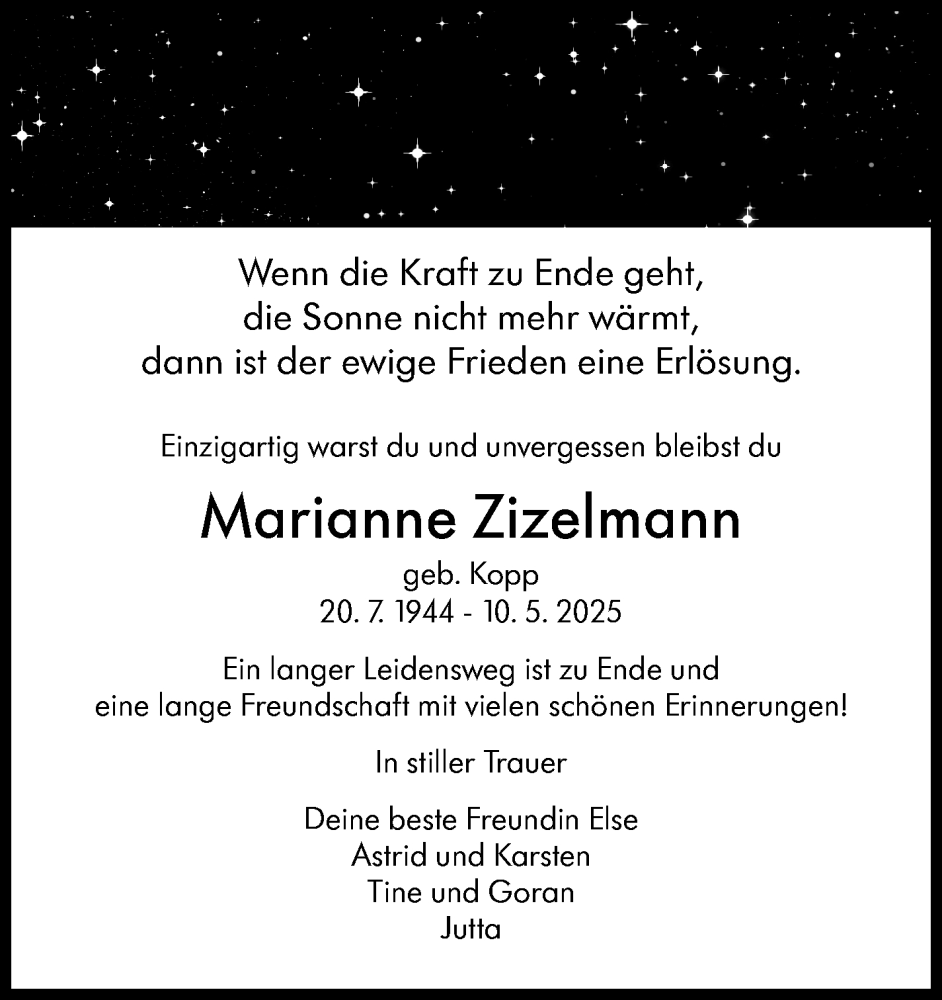  Traueranzeige für Marianne Zizelmann vom 22.05.2025 aus Eßlinger Zeitung