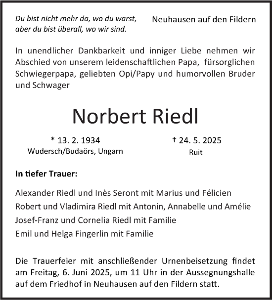 Traueranzeige von Norbert Riedl von Eßlinger Zeitung
