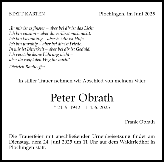 Traueranzeige von Peter Obrath von Eßlinger Zeitung