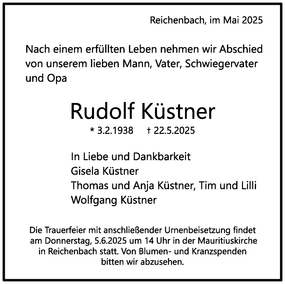  Traueranzeige für Rudolf Küstner vom 31.05.2025 aus Eßlinger Zeitung