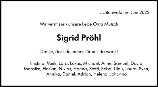 Traueranzeige von Sigrid Pröhl von Eßlinger Zeitung