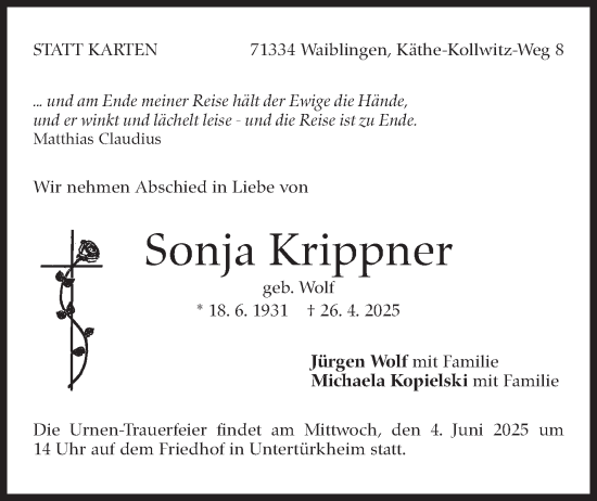 Traueranzeige von Sonja Krippner von Eßlinger Zeitung