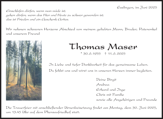 Traueranzeige von Thomas Maser von Eßlinger Zeitung