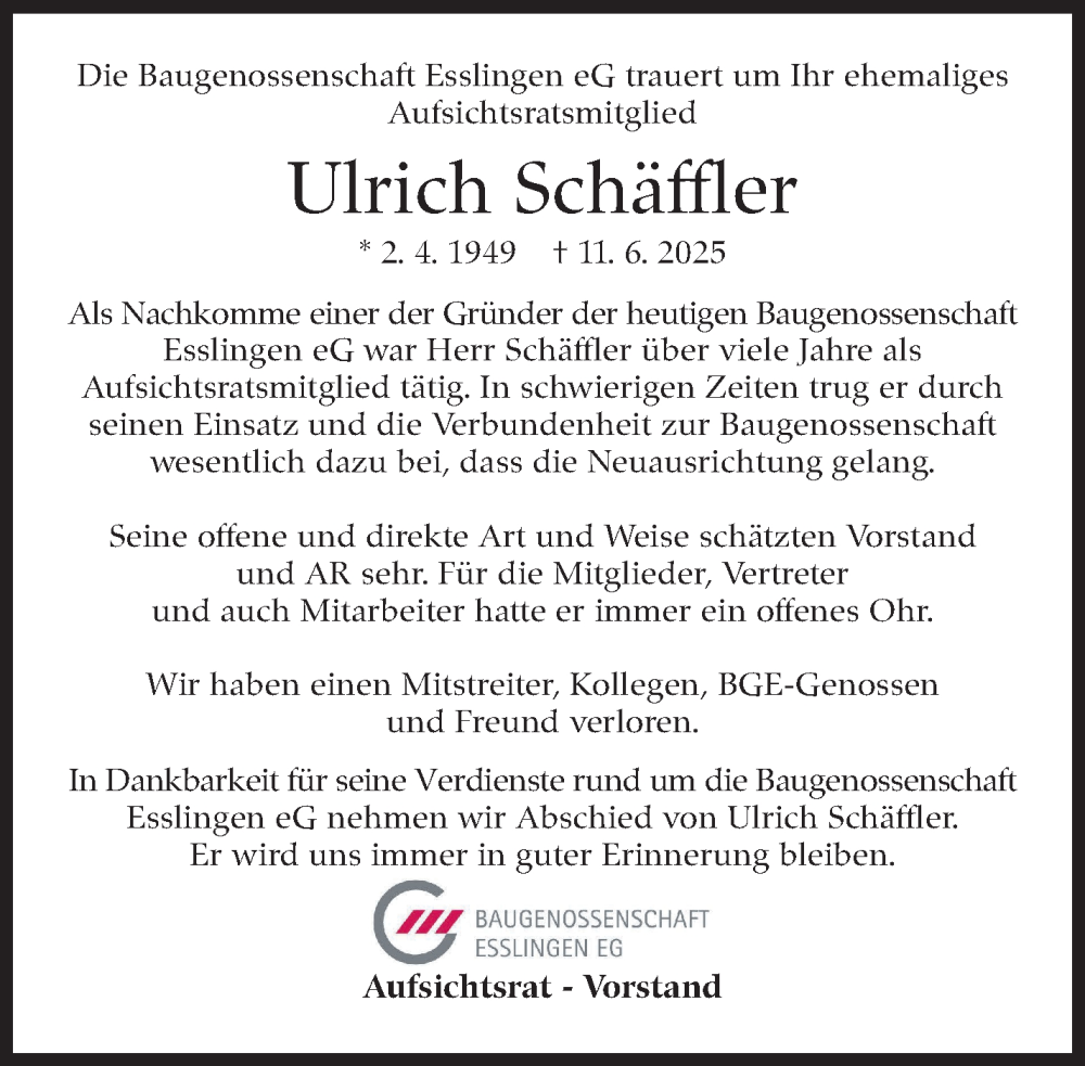  Traueranzeige für Ulrich Schäffler vom 24.06.2025 aus Eßlinger Zeitung