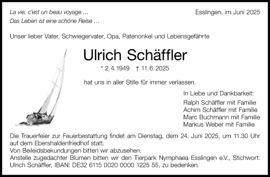 Traueranzeige von Ulrich Schäffler von Eßlinger Zeitung