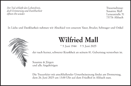Traueranzeige von Wilfried Mall von Eßlinger Zeitung