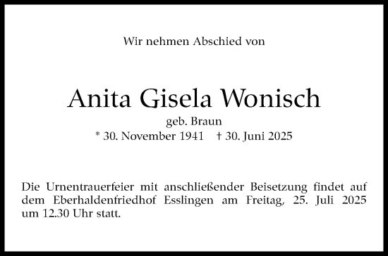 Traueranzeige von Anita Gisela Wonisch von Eßlinger Zeitung