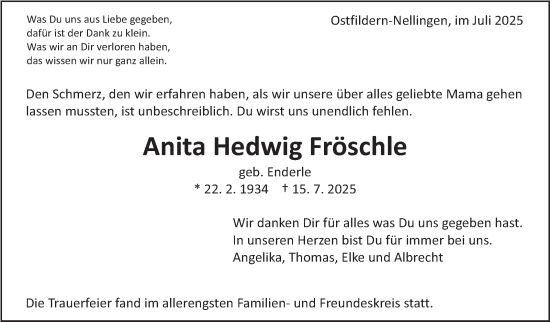 Traueranzeige von Anita Hedwig Fröschle von Eßlinger Zeitung