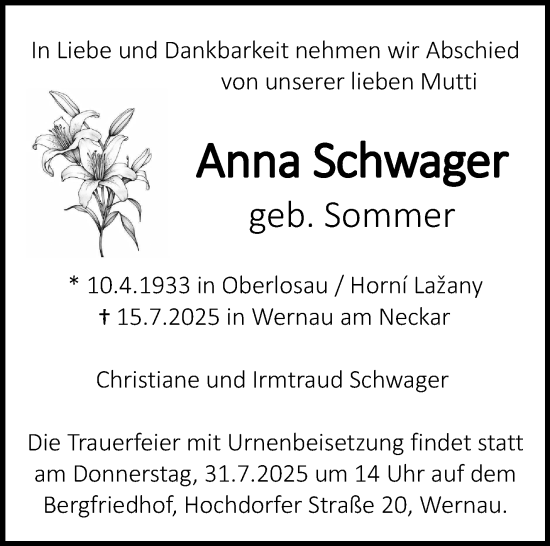 Traueranzeige von Anna Schwager von Eßlinger Zeitung