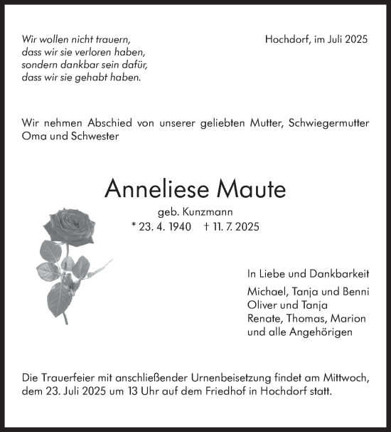 Traueranzeige von Anneliese Maute von Eßlinger Zeitung