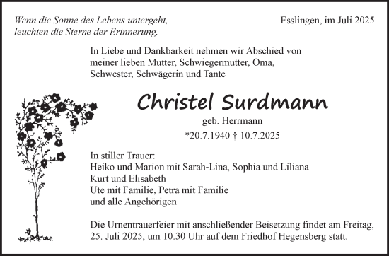 Traueranzeige von Christel Surdmann von Eßlinger Zeitung