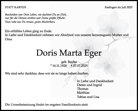 Traueranzeige von Doris Marta Eger von Eßlinger Zeitung