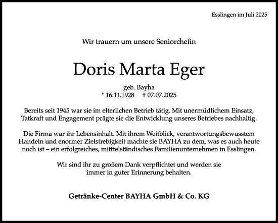 Traueranzeige von Doris Marta Eger von Eßlinger Zeitung
